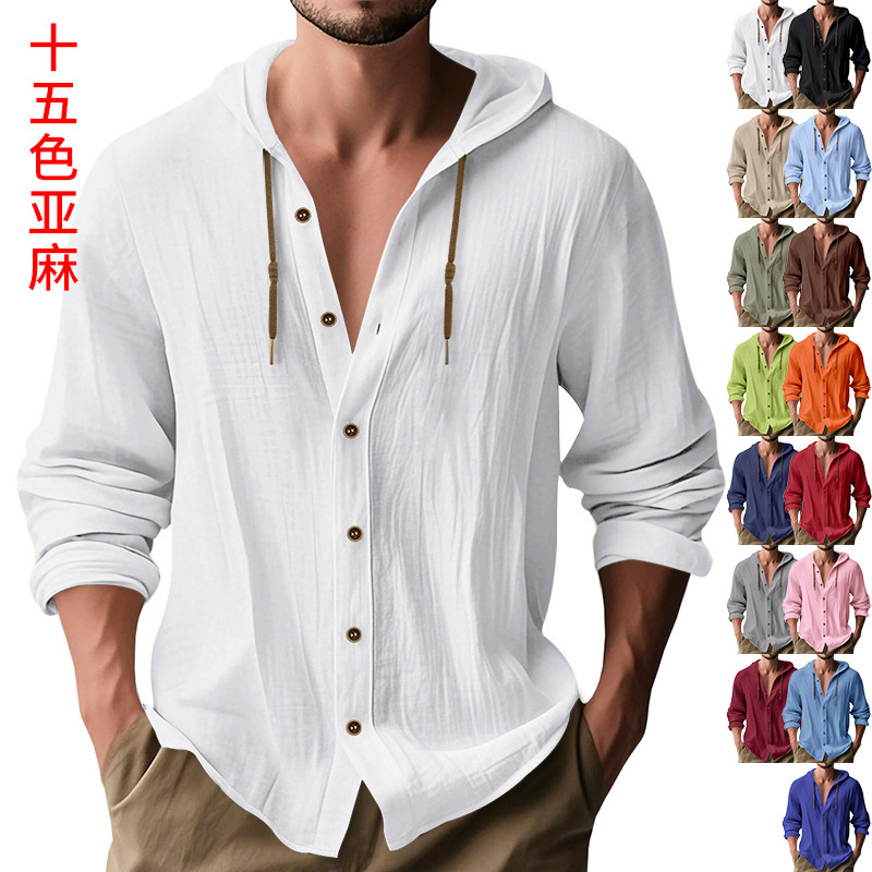 Cross-Border Amazon Hot Selling American Autumn Linen Men's Long-Sleeved Shirt Hawaiian Simple Casual Hooded Cardigan