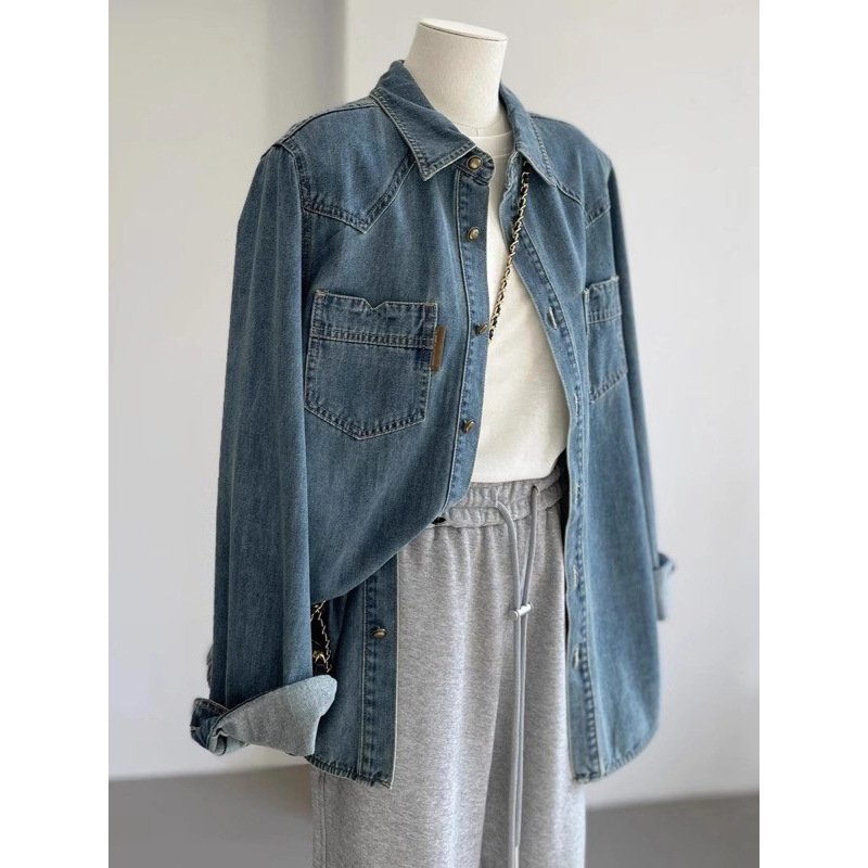 Self-retained explosions recommend ~ French retro blue Denim shirt women 2025 spring and autumn new stacked elegant top