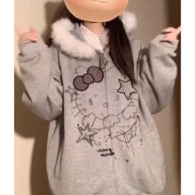 韩系慵懒松弛感毛领连帽卫衣女春秋拉链开衫卡通动漫设计休闲外套