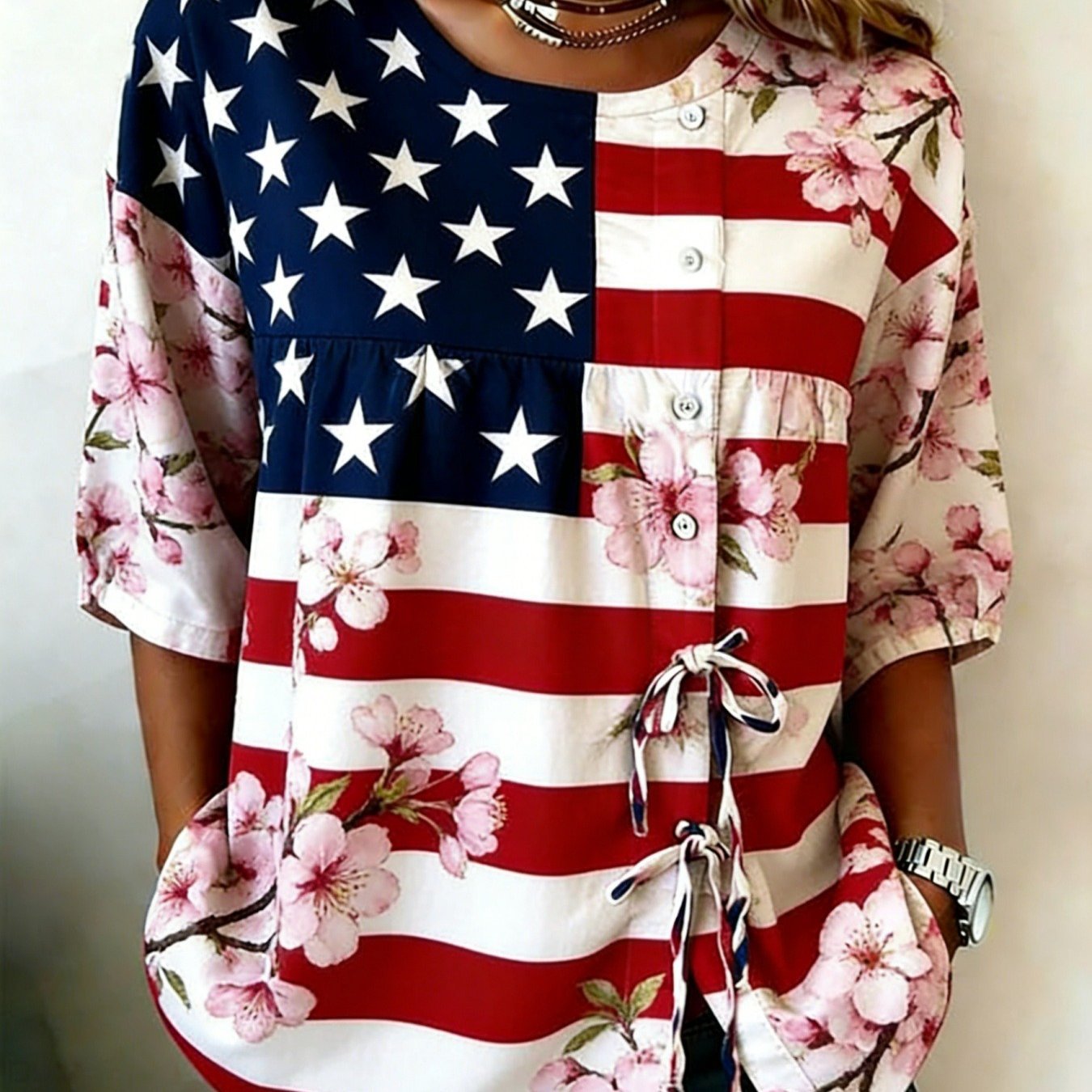 Women's Shirts, Elegant Women's Clothing, Summer American Flag Cherry Blossom Lace-Up Cardigans, Slimming Women's Outfits, Exclusively Available for Cross-Border Sales