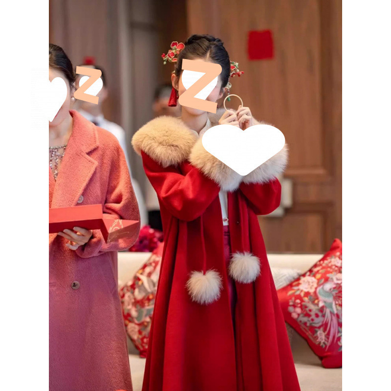 Christmas Robe Wedding Red Coat 2025 Autumn and Winter Style Atmospheric Mid-Length Thickeneded Toast Suit Woolen Jacket