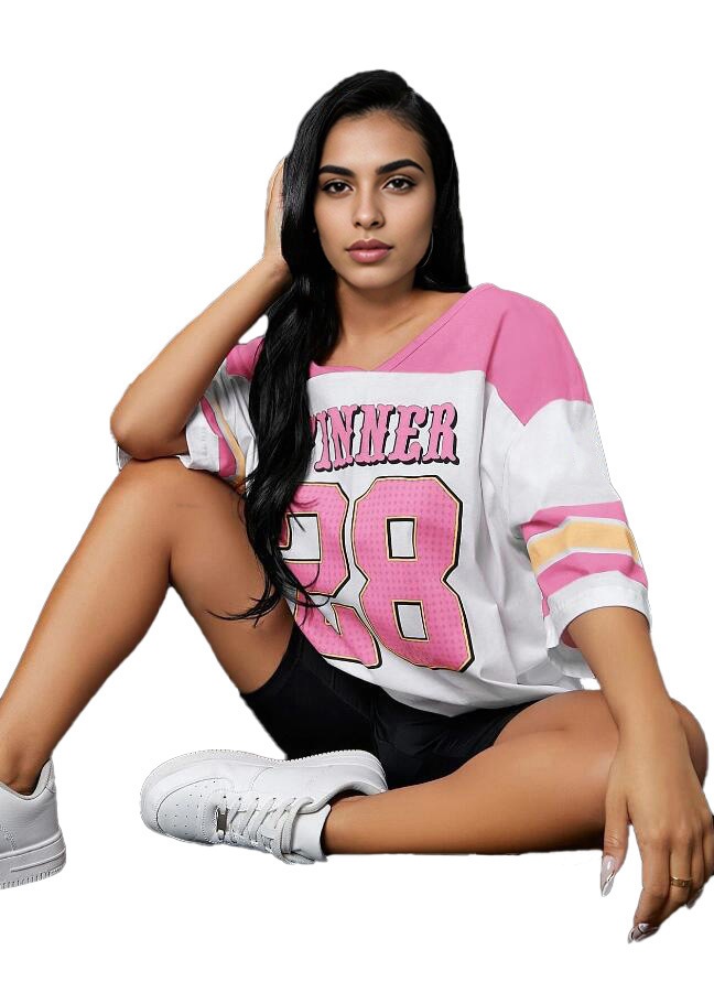 140g Weight Half Sleeve Sleeve Length Pullovers Placket Type Regular Sleeve Sleeve Type Polyester Fabric Type Long Top Length T-shirt Tops Type Holiday, Match Occasion V Neck Neckline Loose Fit Type Letter, Color Block Pattern Summer Season Women's Gender Patchwork, Contrast Binding Design Streetwear Style Wholesale Women's Streetwear Letter Color Block Half Sleeve Patchwork Contrast Binding T-Shirts 3