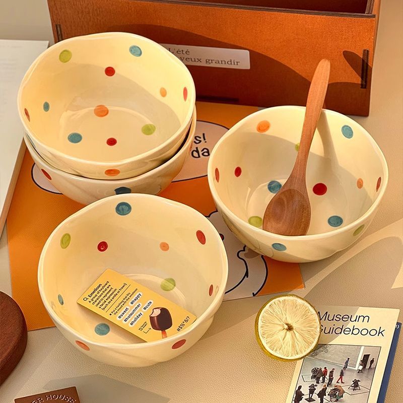 インカラフルな水玉模様のセラミックかわいい釉下色のライスボウル家庭用クリーム食器セット高価値の新しいスタイル|undefined