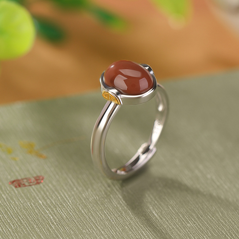 Nhẫn nữ bạc S925 mạ vàng đỏ hình tròn may mắn phong cách Trung Quốc cổ điển — Mở một size