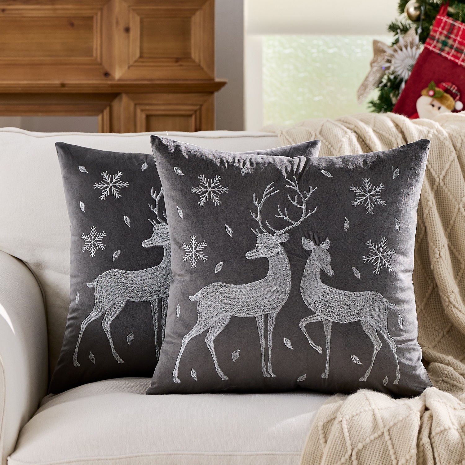 Ventas transfronterizas en caliente de alce árbol de Navidad estampado almohada cubierta de nieve de otoño y invierno bordado estilo de decoración de vacaciones atmósfera cojín cubierta