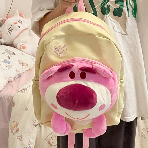 Three-dimensional pink fur bear head doll backpack, cute school bag, plush cartoon Japanese doll backpack, middle school student and junior high school student
