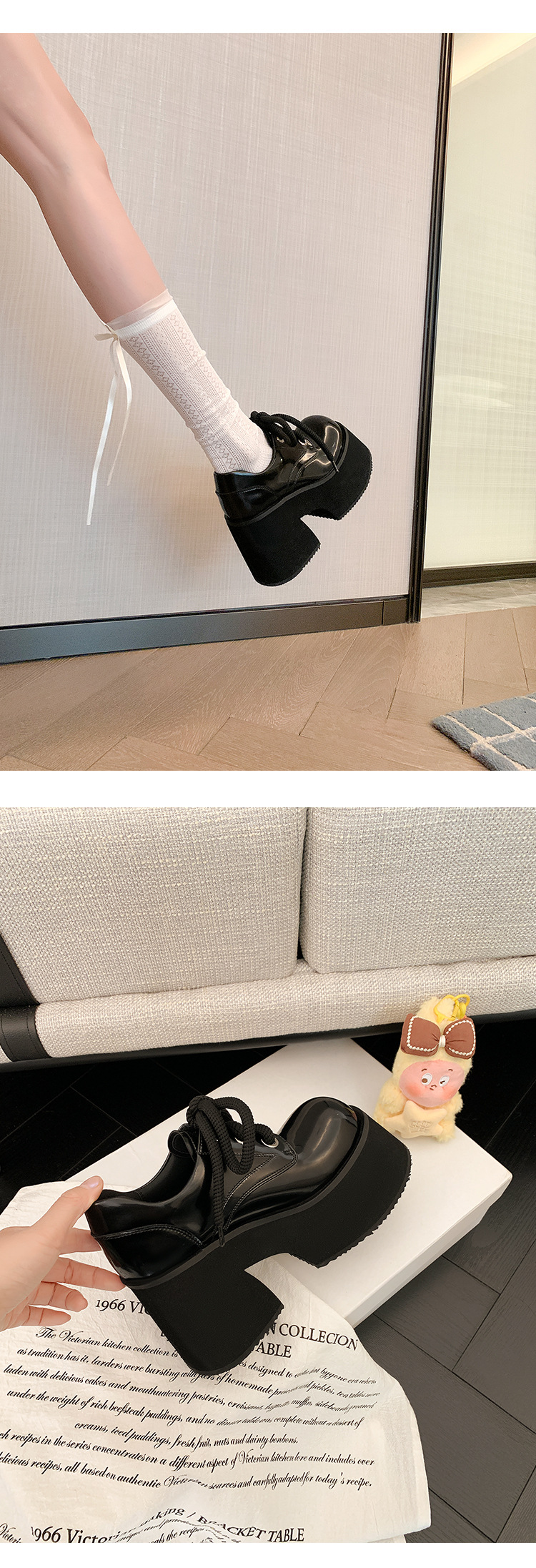 Giày loafer nữ gót vuông 10 cm đế platform dây buộc mũi sâu — màu đen chi tiết 10