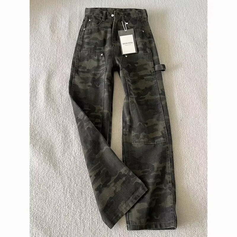 Camouflage Cargo Jeans for Men and Women, American High Street Fashion Brand, Washed Multi-Pocket Pleated Loose Casual Straight Pants