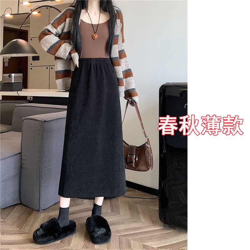 コーデュロイ大きいサイズレディースベルベット厚手スカート2024秋冬Aライン痩身韓国風ミドル丈レディーススカートハイウエスト