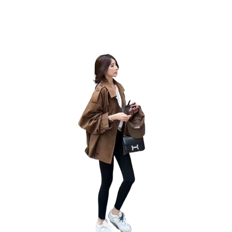 2025初冬新款咖色麂皮绒开衫外套女设计感小众立领短款工装风衣潮|undefined