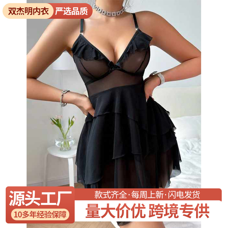 블랙 원피스 잠옷, 투명 스타일, 섹시한 서스펜더 레이스 드레스, 유혹적인 메쉬 초박형 데포인트 섹시 의상