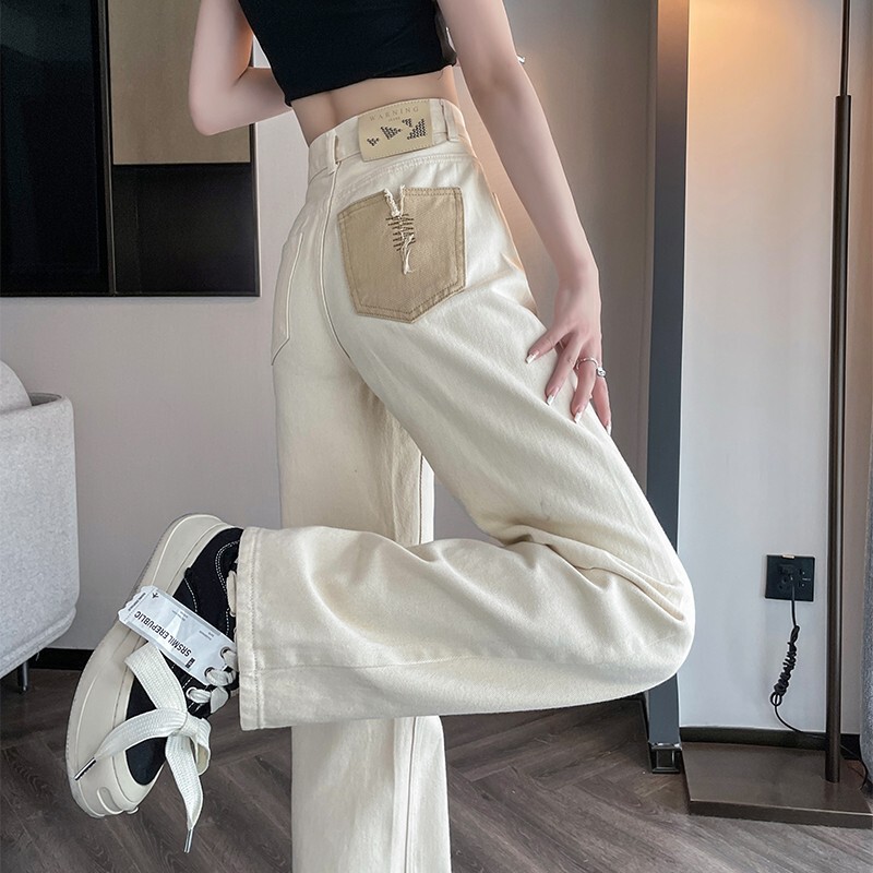 creamy-white Jeans Women's Straight 2024 Summer New Hot Style Small Design Sense Narrow Wide Leg Pants Trendy