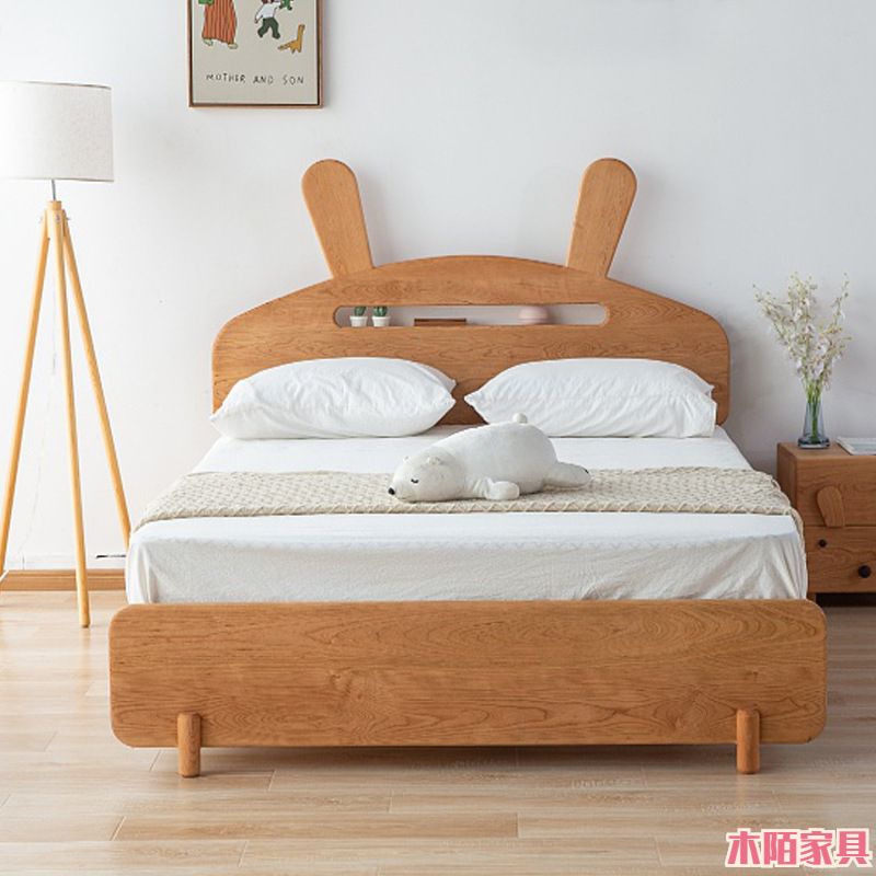 Children's Bed Made of North American Cherry Wood, Princess Bed for Girls, Simple Style Solid Wood Children's Rabbit-Shaped Splicing Pull-Out Bed, Single Bed