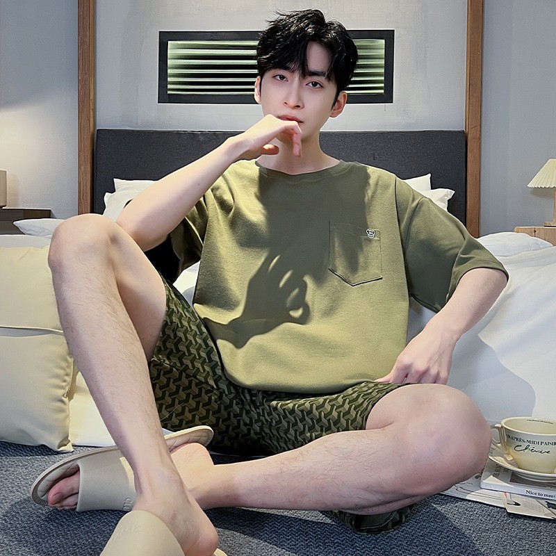 Men's Summer New Pajamas Short-sleeved Shorts suit Cotton Teenager Cartoon Casual Loose Summer Home Clothes