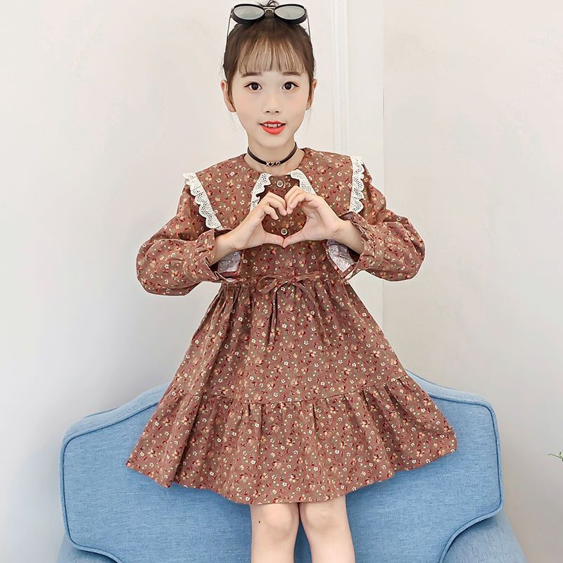 女童长袖连衣裙秋装2025新款儿童娃娃领公主裙韩版女孩碎花棉布裙