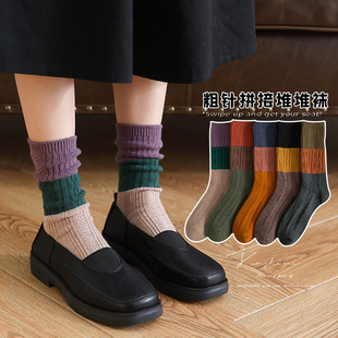 Women's socks autumn and winter thick needle pile socks Japanese three-color stitching cotton fashionable socks all-match mid-calf socks cross-border hot women's socks