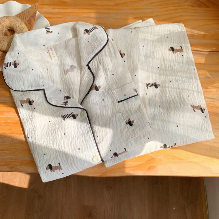 Nuevo conjunto de pijamas de algodón nublado transfronterizo de manga larga delgada primavera y otoño de mujeres lindos pantalones de dibujos animados dulces ropa para el hogar