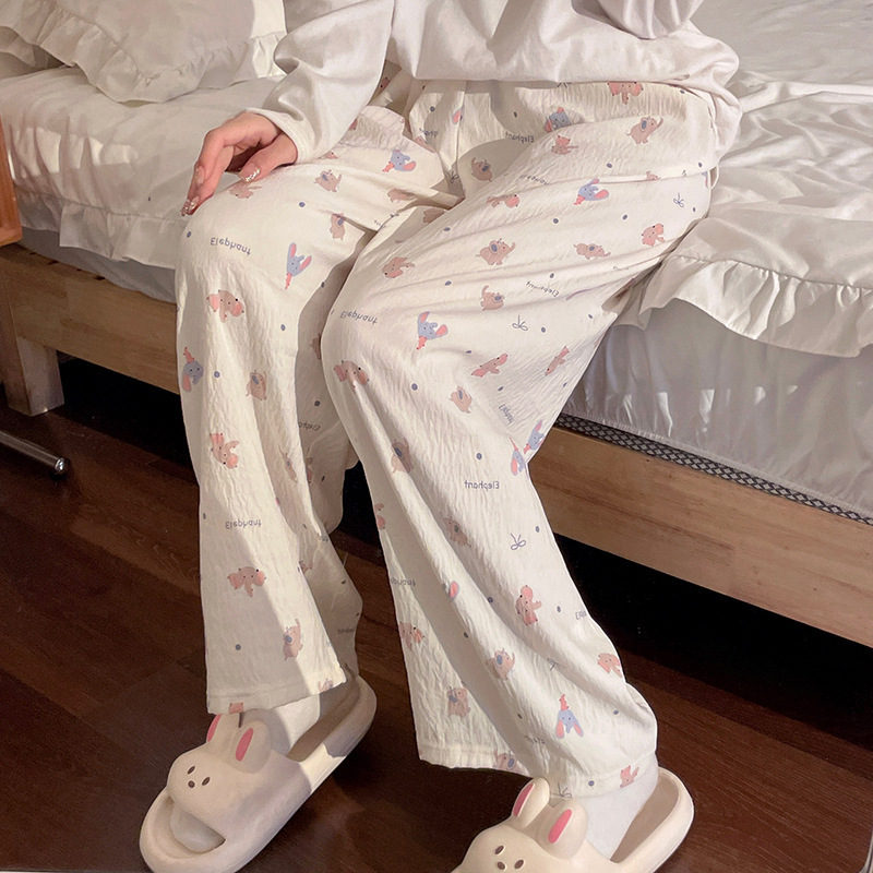 Cute Polka Dot Elephant Print Casual Straight-Leg Sleep Pants for Women, Suitable for Outdoor Wear, Home Pants, Loose Japanese Style Summer Mosquito-Proof Pants Cute Polka Dot Elephant Print Casual Straight-Leg Sleep Pants for Women, Suitable for Outdoor Wear, Home Pants, Loose Japanese Style Summer Mosquito-Proof Pants