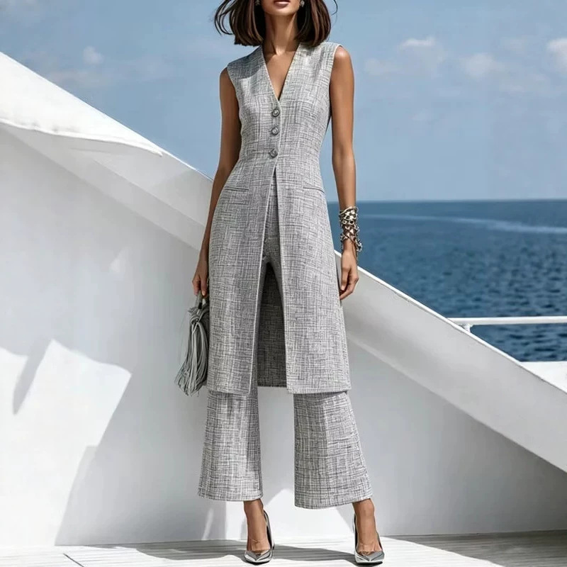 2026 European and American cross-border Amazon independent site women's elegant gray long vest and pants two-piece suit