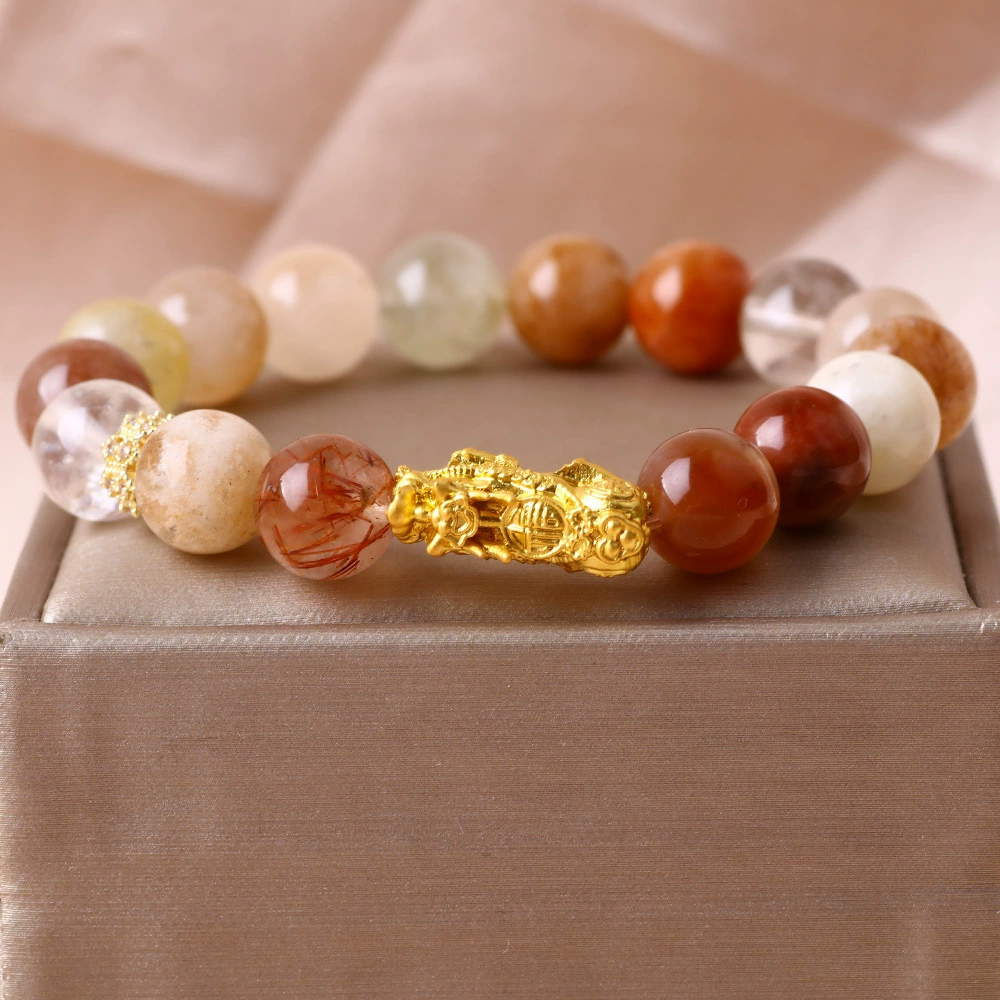 [Цветной кроличий мех] Браслет с кристаллами из натурального цветного кроличьего меха, многоцветный браслет 10 мм, демонстрирует отбеливающий темперамент и древний стиль