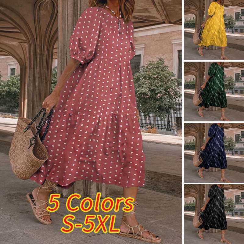 2025 Retro Dress Sundress Puff Sleeve Polka Dot Print Summer Casual Plus Size Women's Suit