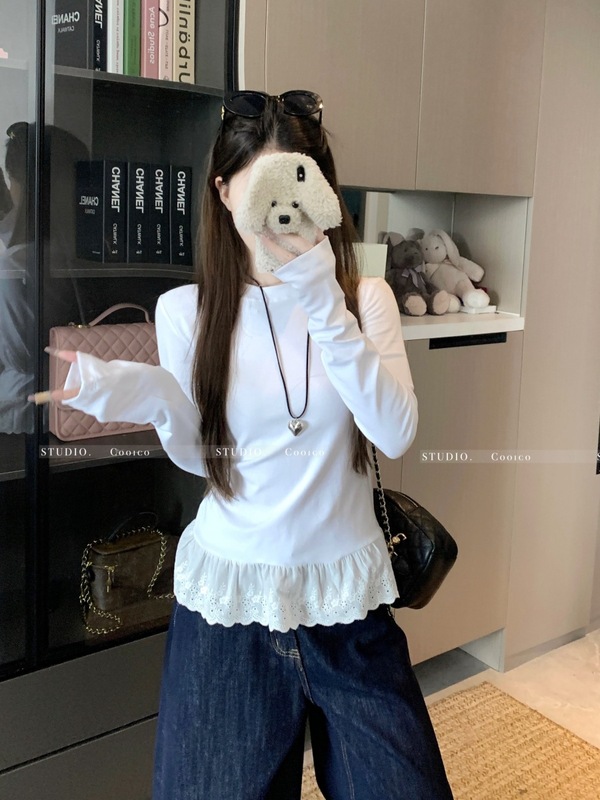 别致下摆蕾丝花边长袖t恤女秋季韩系chic内搭叠穿设计感打底上衣|undefined