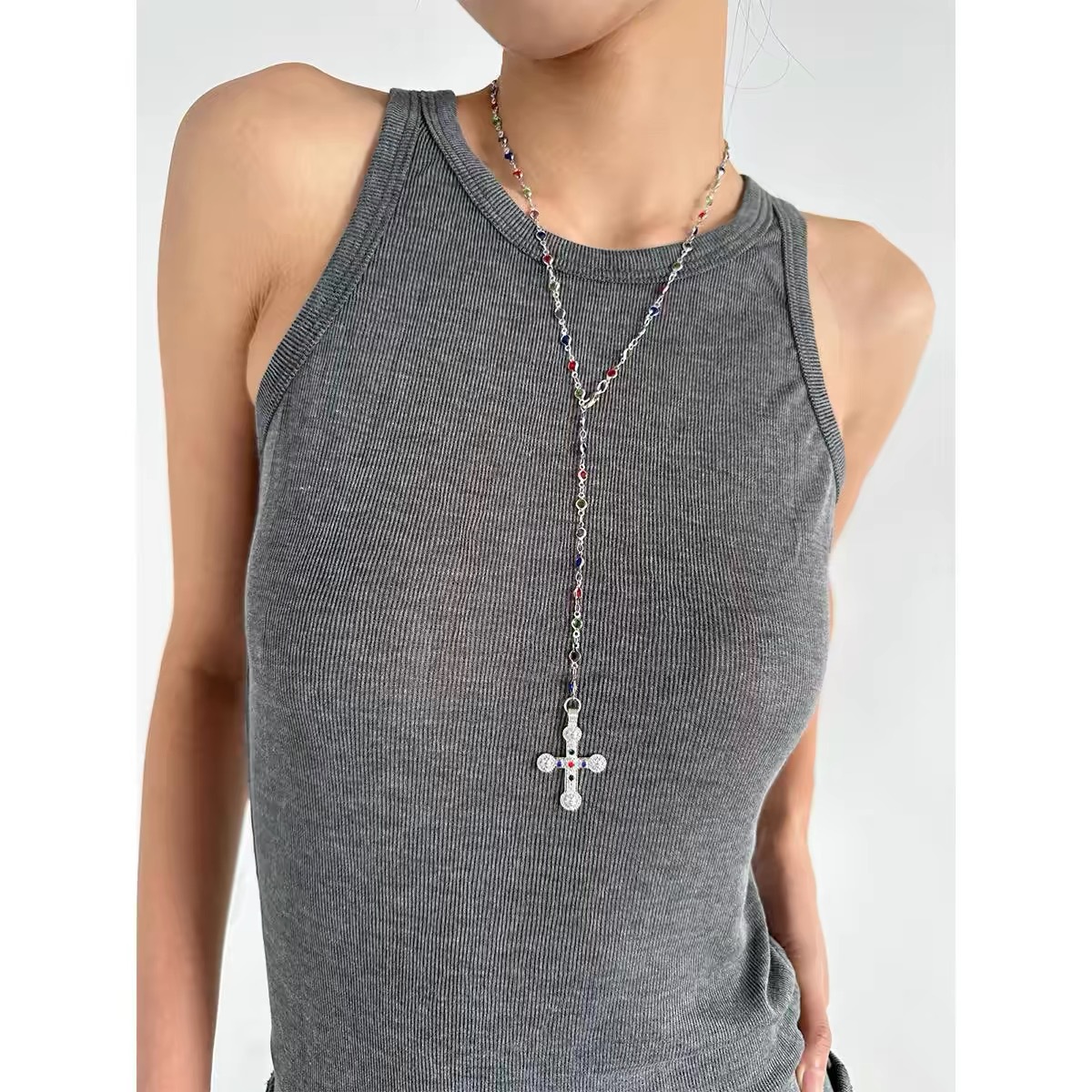35g Weight Electroplated Gold Plating Process Golden Plated Plating Material Alloy Pendant Material Y-Necklace, Necklace Classification Alloy Chain Material Alloy Material Cross Pattern Multi-Layered Color Diamond Vintage Cross Necklace Set Stylish Cool Style Alloy Geometric Pattern Unisex Choker Chain Jewelry 6