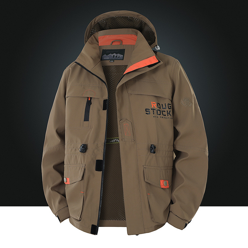 Men's Work Jacket with Removable Hood, Spring, Autumn and Winter Lightweight Velvet Warm Mid-Length Mountaineering Jacket, Sports Windbreaker