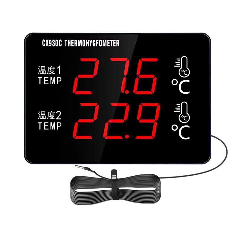 930C双温度大屏温湿度计工业温湿度计室内时间显示仪器超温报警器