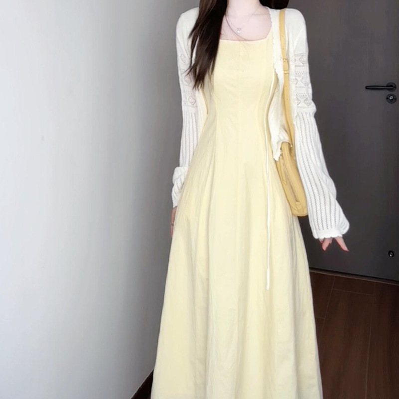 Qianyu 2025 New Style Gentle Yellow Suspender Dress Women's Summer French Style Spring Long Skirt