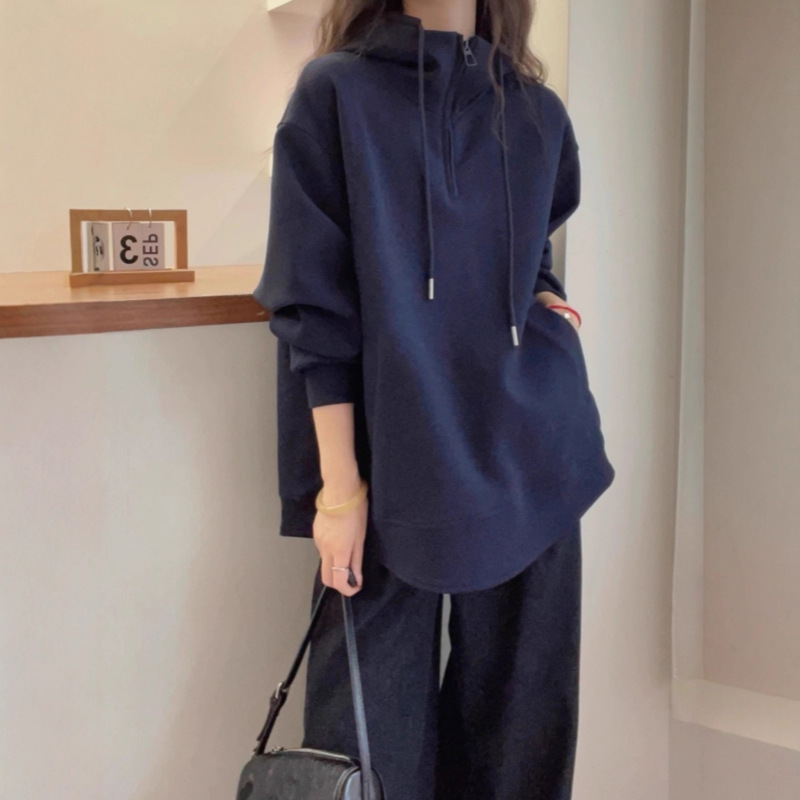 欧货连帽半拉链正肩卫衣女秋季大码胖mm显瘦中长款遮屁股洋气上衣|undefined