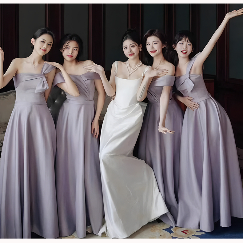 Bridesmaid Dress Sister Group 2025 New Slimming Look Purple Satin Niche High-End Annual Party Performance Evening Dress Can Be Worn