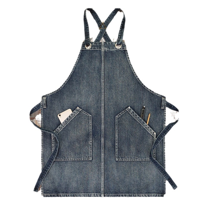 Comercio exterior puro algodón lavado delantal de mezclilla logotipo personalizado estudio arte estudiante restaurante ropa de trabajo delantal al por mayor personalizado
