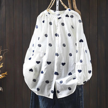 日系森女系 2025春夏新品复古圆领波点刺绣宽松百搭长袖衬衫女装