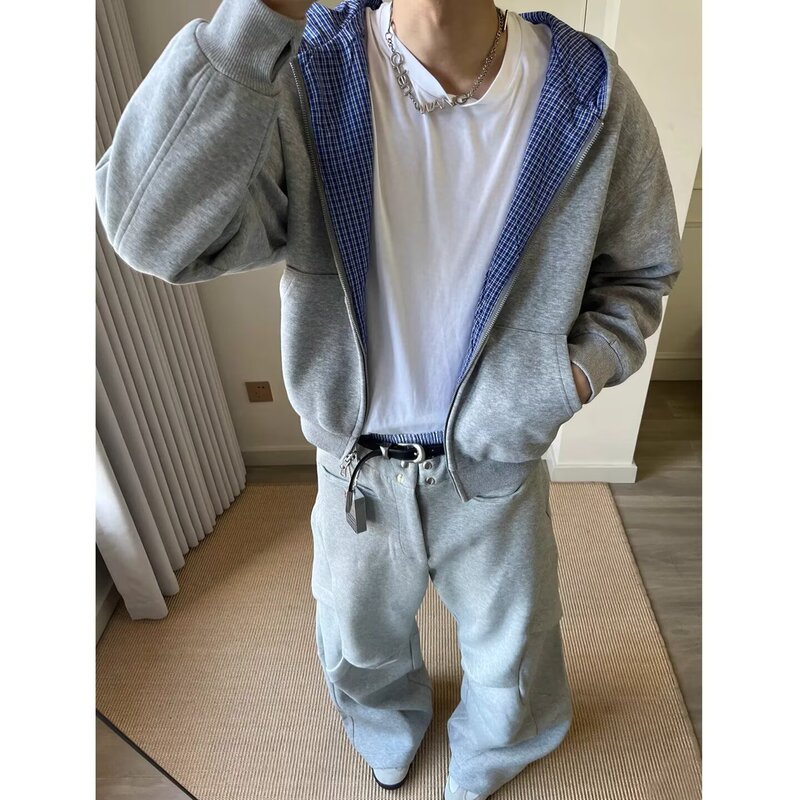 Miu Series Reversible Blue Plaid Cardigan Sweatshirt Jacket for Men and Women Cleanfit Loose Casual Short Wide Hooded Jacket