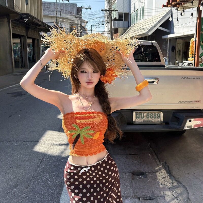 Thai Island Vacation Style Dopamine Print Knitted Tube Top and Polka Dot Skirt Two-Piece Set