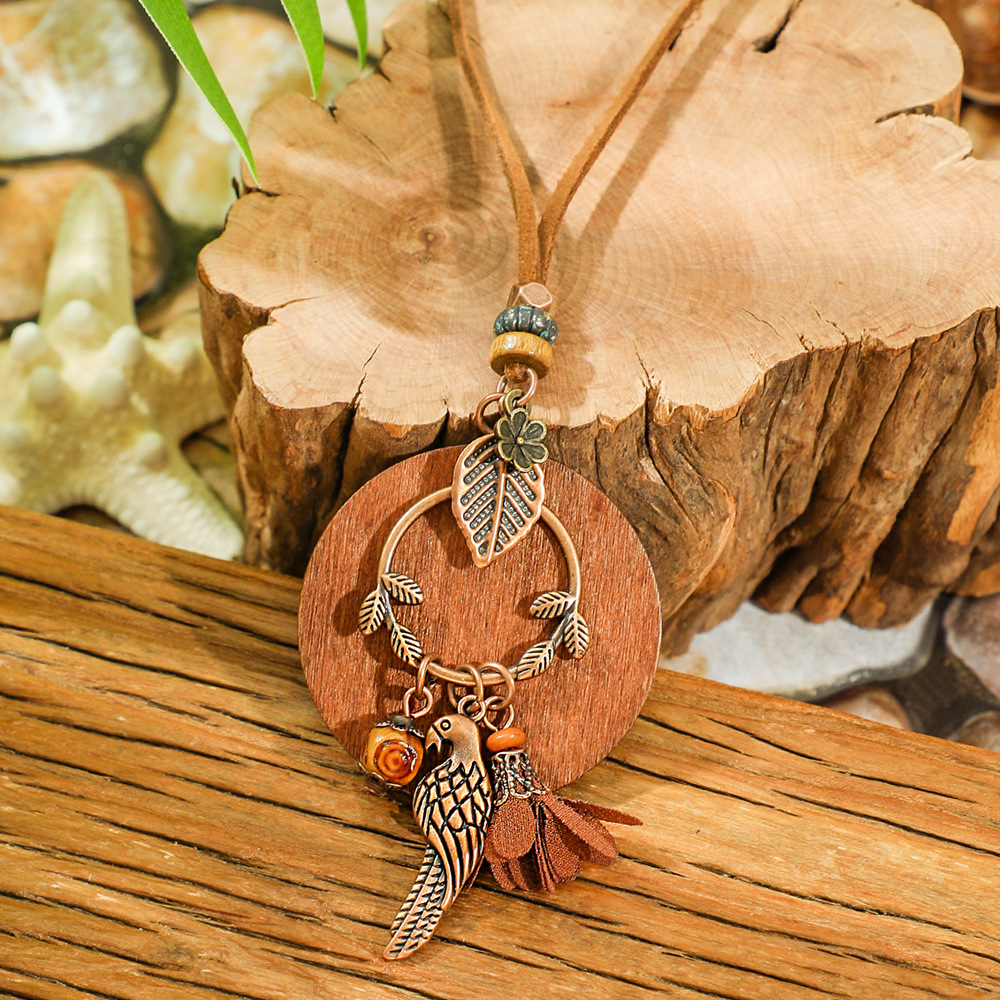 Bohemia Dream Catcher borla pendientes collar de madera estilo étnico largo borla colgante accesorios suéter cadena