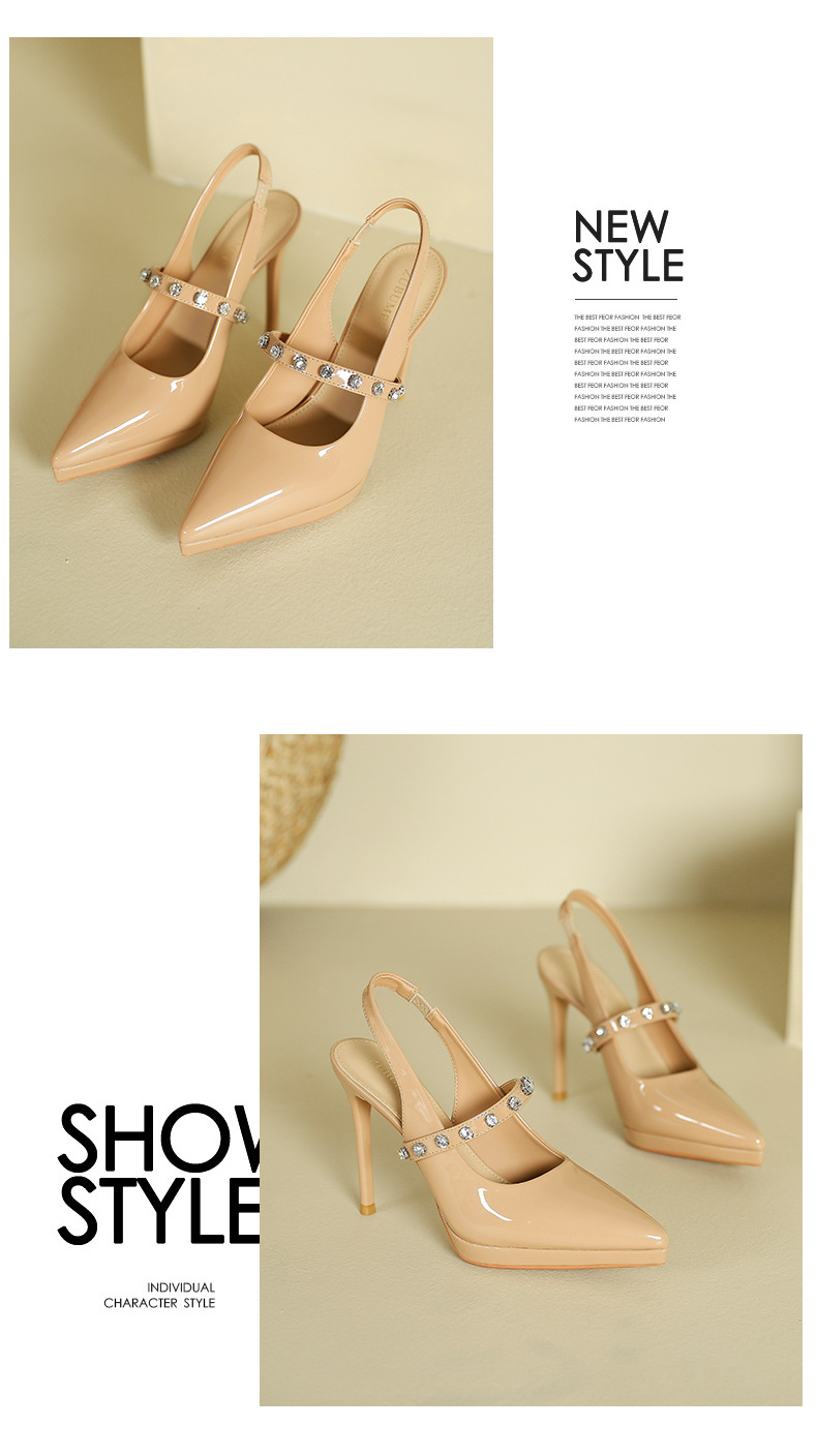 Sandal cao gót nữ mũi nhọn đính đá rhinestone, gót nhọn, quai cao, phong cách rỗng sau — Trắng be chi tiết 9