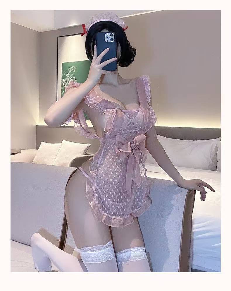 Maid Lingerie Costume Set with Lace Bow Detail and Pink Stockings — detail image 8