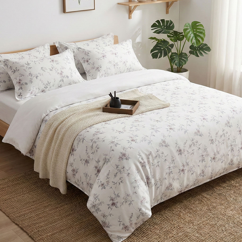 Luz de lujo Tencel Lino conjunto de cuatro piezas estilo pastoral impresión francés lluvia ropa de cama edredón cubierta hoja de cama al por mayor