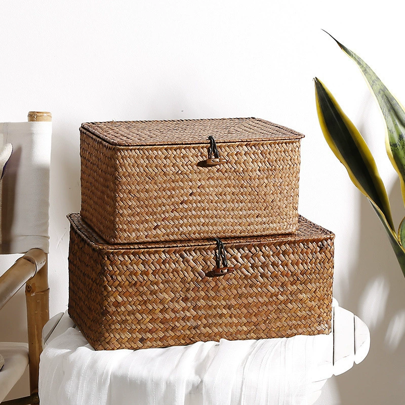 Storage basket, straw table rectangular woven storage system