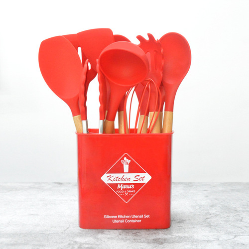 HuanYa 13-Piece Wooden Handle Silicone Kitchen Utensils Spatula Set Non-Stick Pan Spatula with Storage Bucket Kitchen Tools