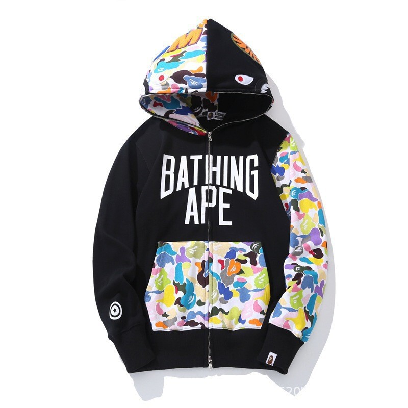 Cross-Border Wholesale 2025 New Trendy Brand Bape Multi-Color Camouflage Shark Hoodie Cardigan Zipper Sweatshirt Jacket