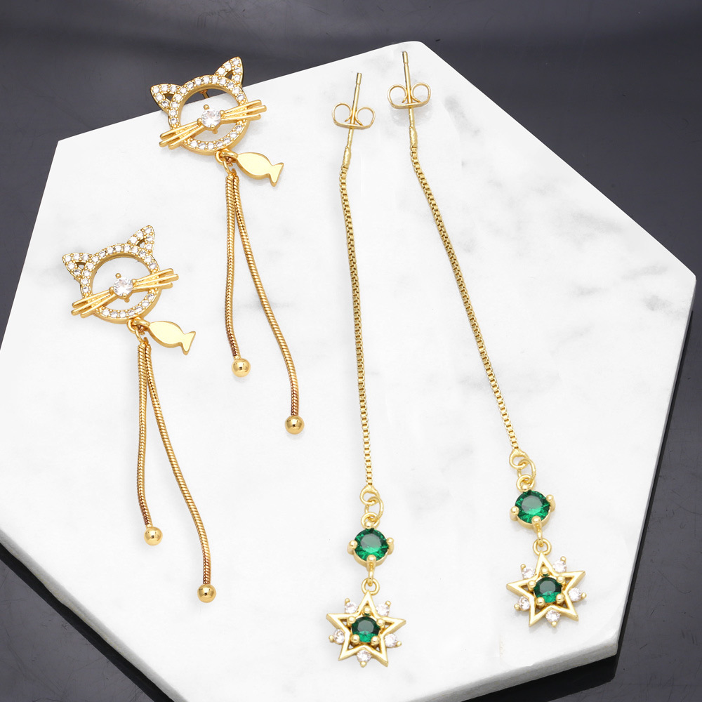 Fashion Inlaid Zircon Long Fringe Copper Earrings Female