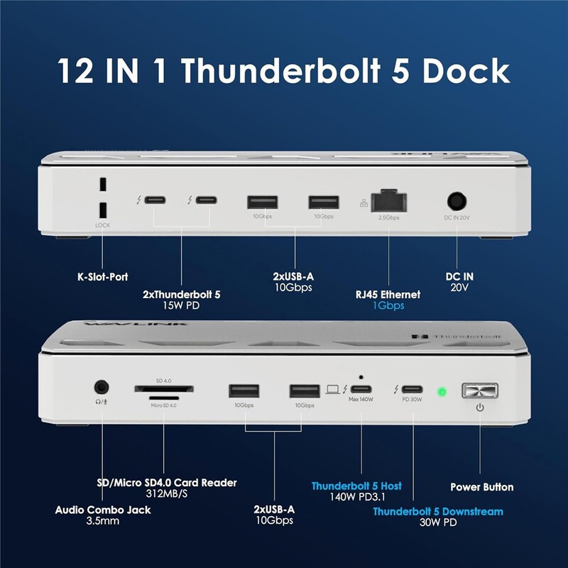 Wavlink 12-in-1 Thunderbolt 5 Docking Station Base 140W Pd Suitable for Laptops
