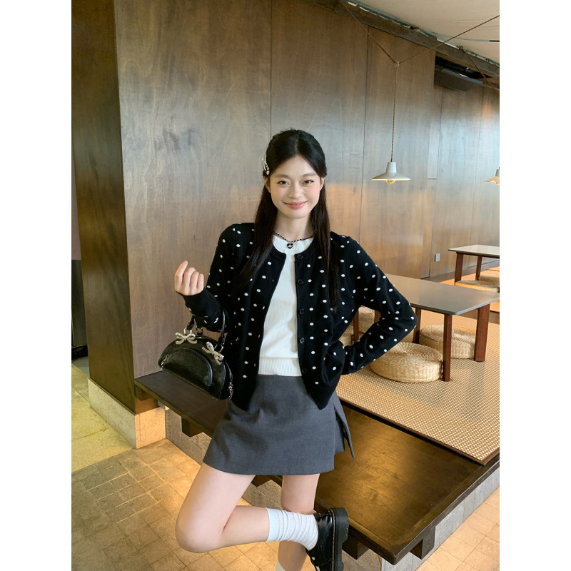 宋正恩黑色波点巨好看针织开衫外套女早秋韩系氛围感毛衣上衣|undefined