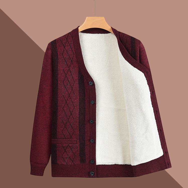 Otoño y invierno nuevo cardigan de manga larga de mediana edad con camiseta de calentamiento de terciopelo cardigan de negocios abrigo de invierno y invierno suéter de punto de hombre