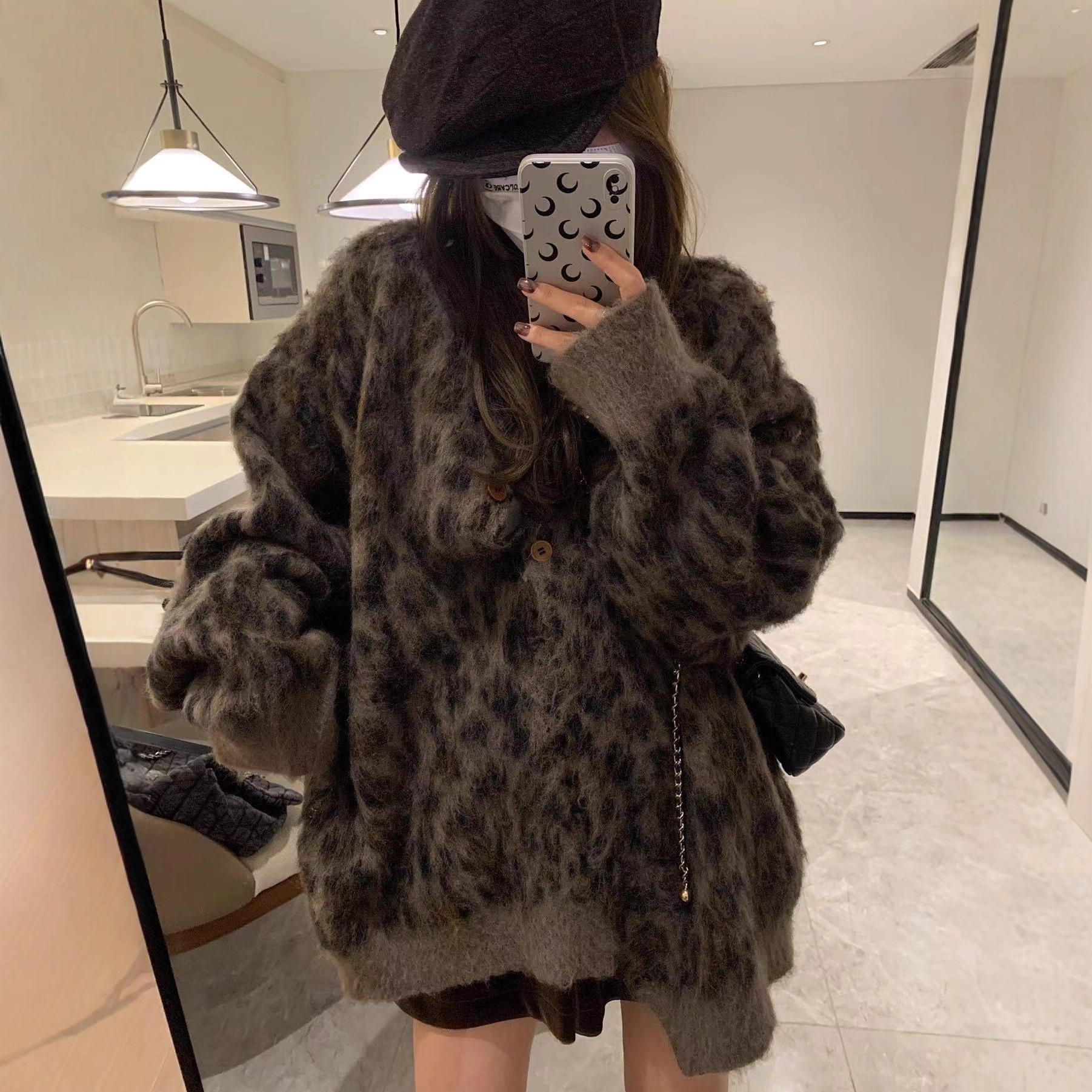 Cárdigan de Punto con Estampado de Leopardo para Mujer de Poliéster y Elastano Cuello redondo para Otoño e Invierno