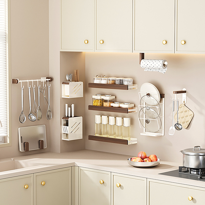 Walnut kitchen rack without punching wall-mounted knife holder pot lid rack hanging rod chopsticks spoon storage spice rack