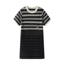 现货2025夏季新女法式复古黑白条纹提花圆领短袖连衣裙 2J2E625